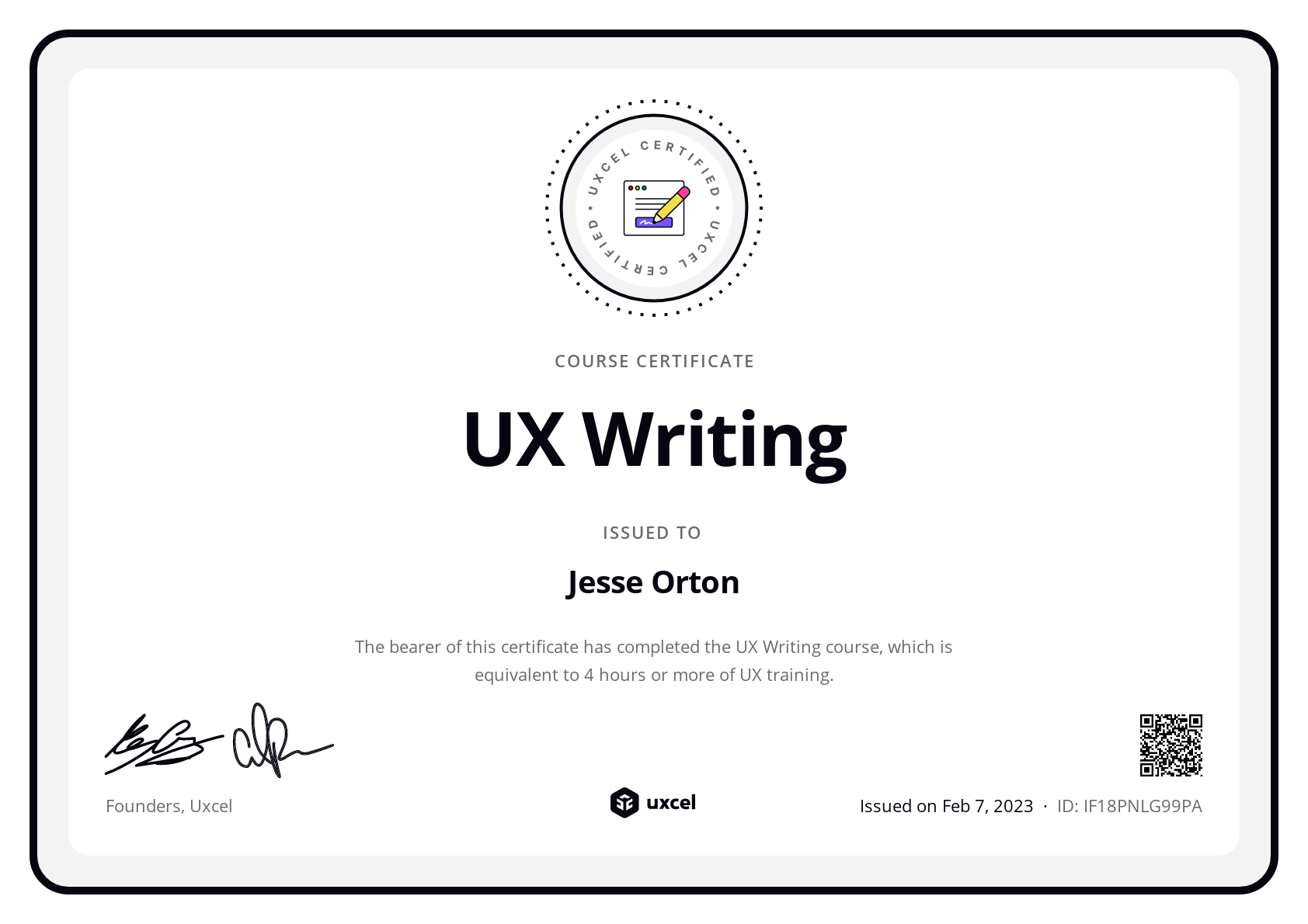 Jesse Orton's certificate